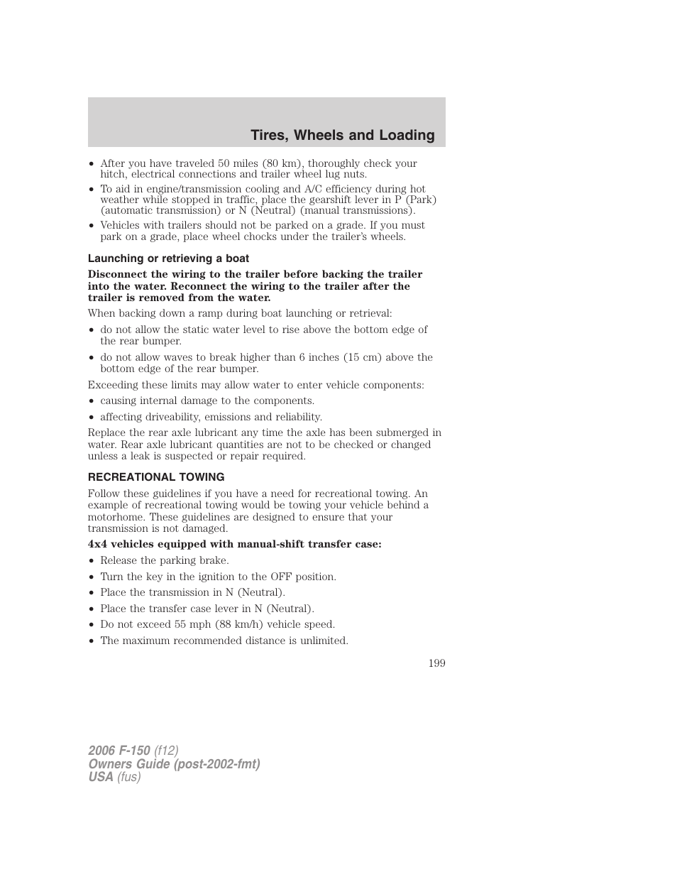 Launching or retrieving a boat, Recreational towing, Tires, wheels and loading | FORD 2006 F-150 v.2 User Manual | Page 199 / 336
