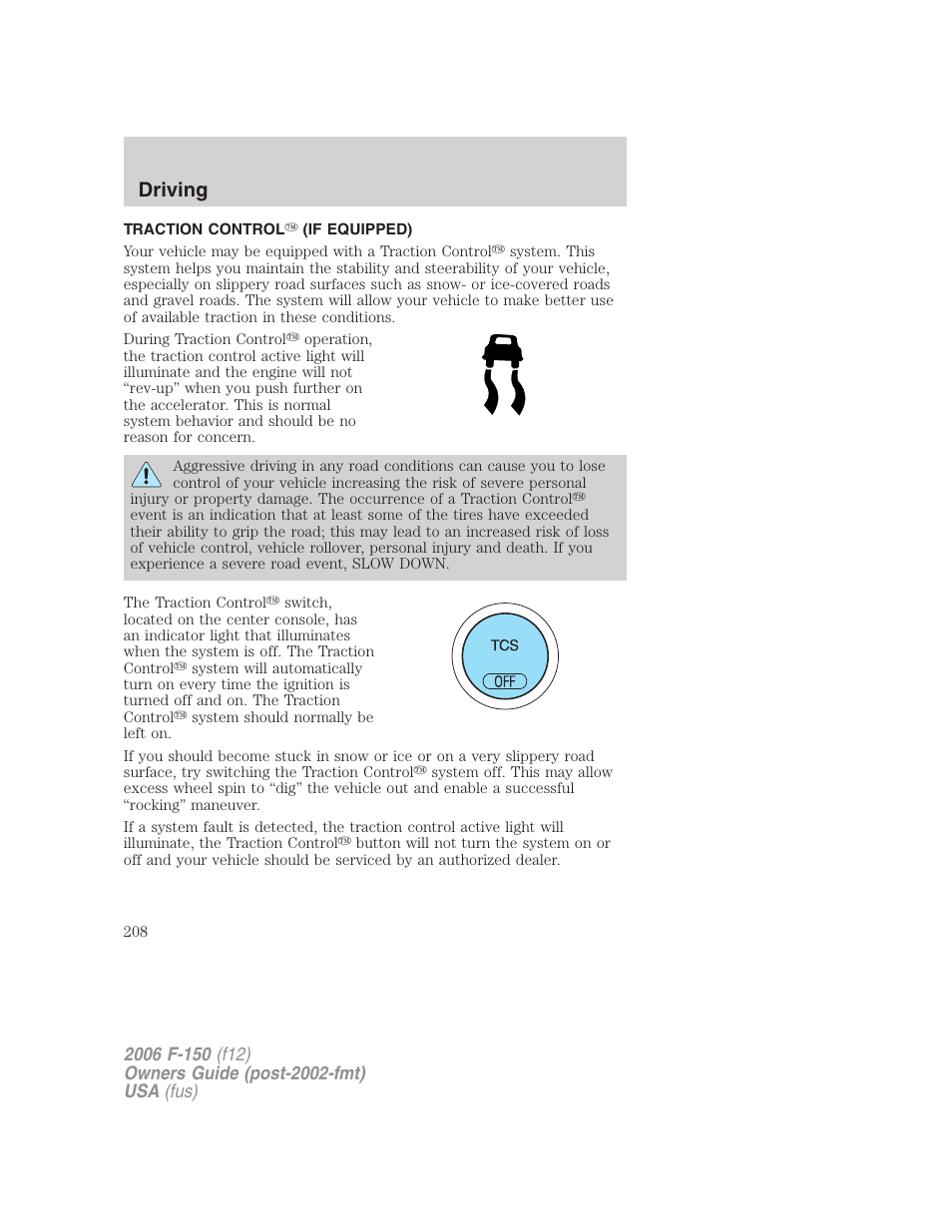 Traction control (if equipped), Traction control, Driving | FORD 2006 F-150 v.2 User Manual | Page 208 / 336