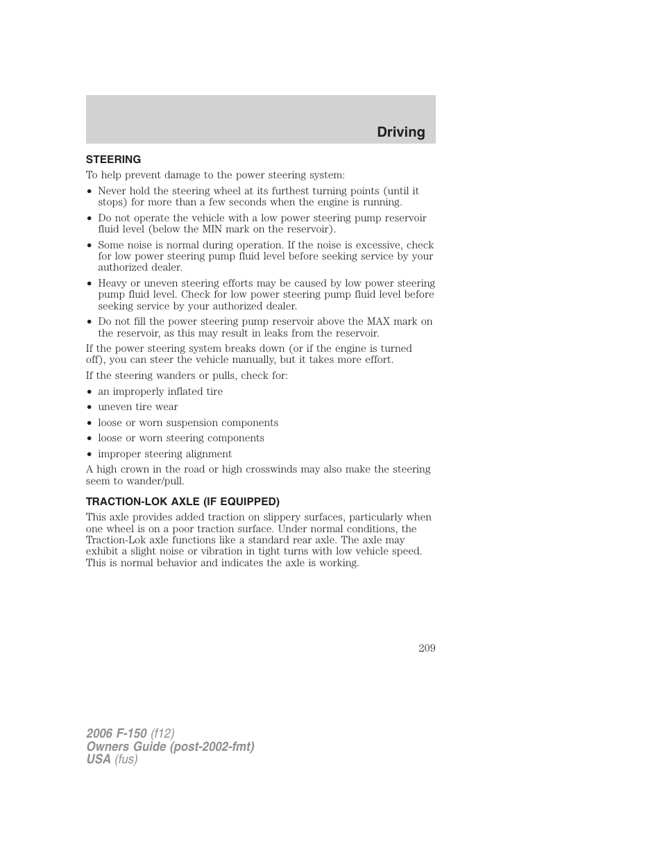 Steering, Traction-lok axle (if equipped), Driving | FORD 2006 F-150 v.2 User Manual | Page 209 / 336