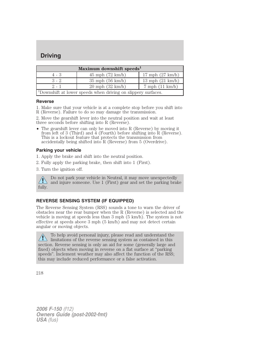 Reverse, Parking your vehicle, Reverse sensing system (if equipped) | Driving | FORD 2006 F-150 v.2 User Manual | Page 218 / 336