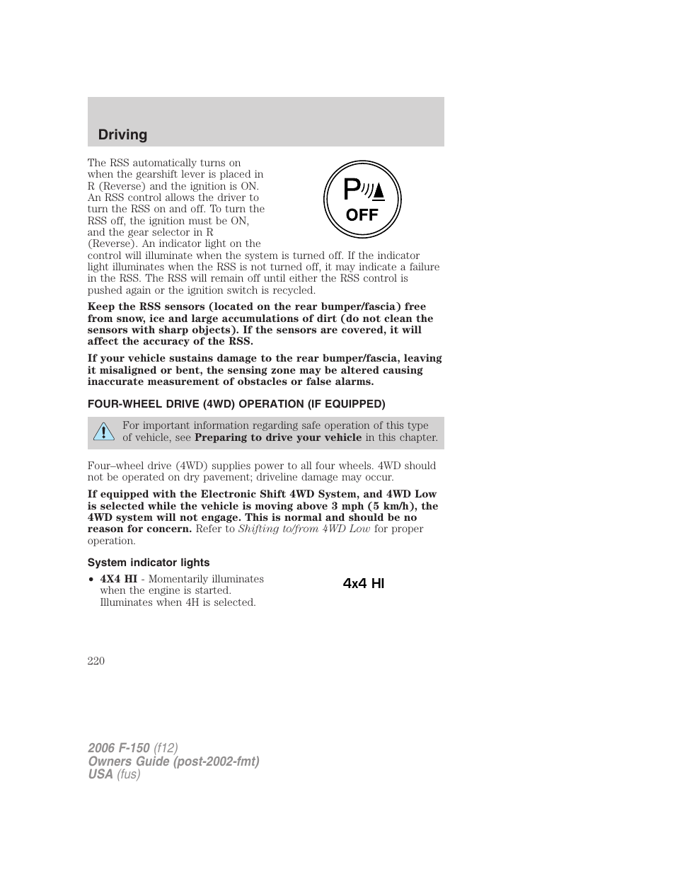 Four-wheel drive (4wd) operation (if equipped), System indicator lights, Driving | FORD 2006 F-150 v.2 User Manual | Page 220 / 336