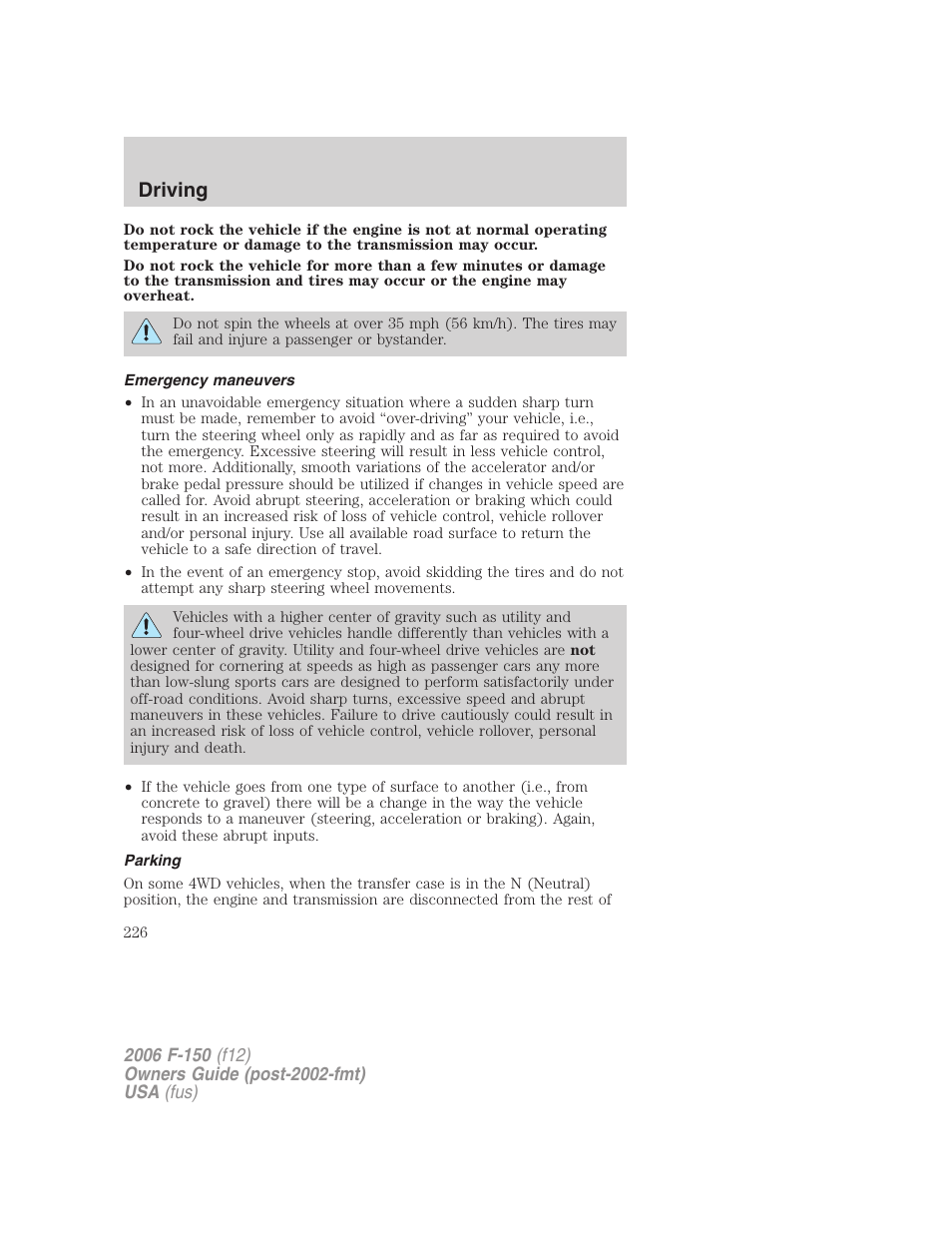 Emergency maneuvers, Parking, Driving | FORD 2006 F-150 v.2 User Manual | Page 226 / 336