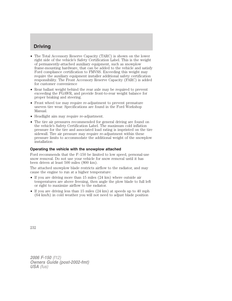 Operating the vehicle with the snowplow attached, Driving | FORD 2006 F-150 v.2 User Manual | Page 232 / 336