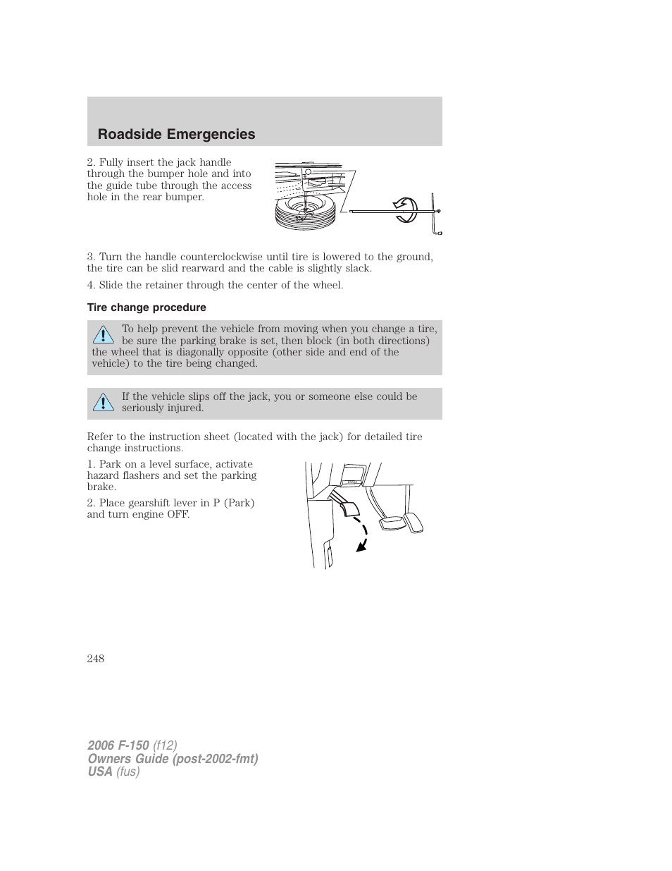 Tire change procedure, Roadside emergencies | FORD 2006 F-150 v.2 User Manual | Page 248 / 336