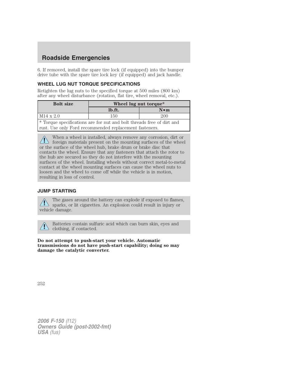 Wheel lug nut torque specifications, Jump starting, Lug nut torque | Roadside emergencies | FORD 2006 F-150 v.2 User Manual | Page 252 / 336