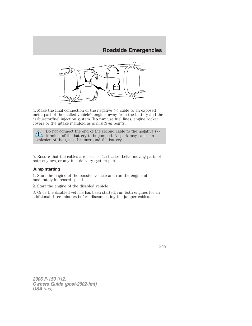Jump starting, Roadside emergencies | FORD 2006 F-150 v.2 User Manual | Page 255 / 336