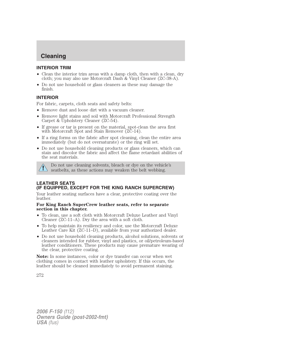 Interior trim, Interior, Cleaning | FORD 2006 F-150 v.2 User Manual | Page 272 / 336