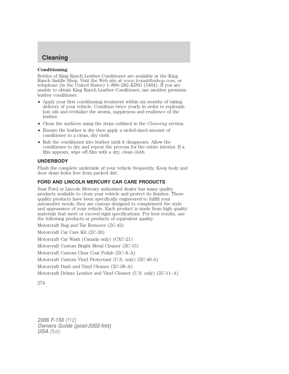 Underbody, Ford and lincoln mercury car care products, Cleaning | FORD 2006 F-150 v.2 User Manual | Page 274 / 336