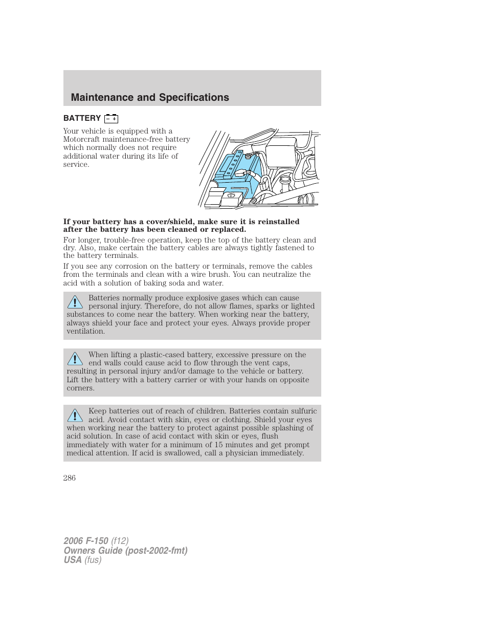 Battery, Maintenance and specifications | FORD 2006 F-150 v.2 User Manual | Page 286 / 336