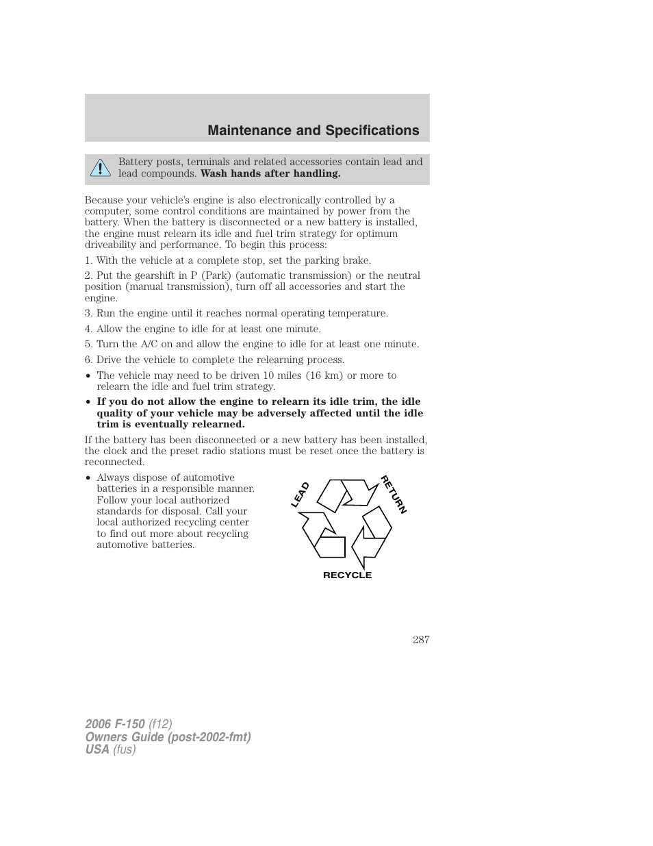 Maintenance and specifications | FORD 2006 F-150 v.2 User Manual | Page 287 / 336