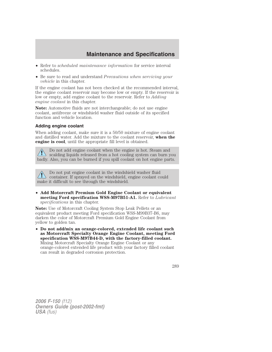 Adding engine coolant, Maintenance and specifications | FORD 2006 F-150 v.2 User Manual | Page 289 / 336