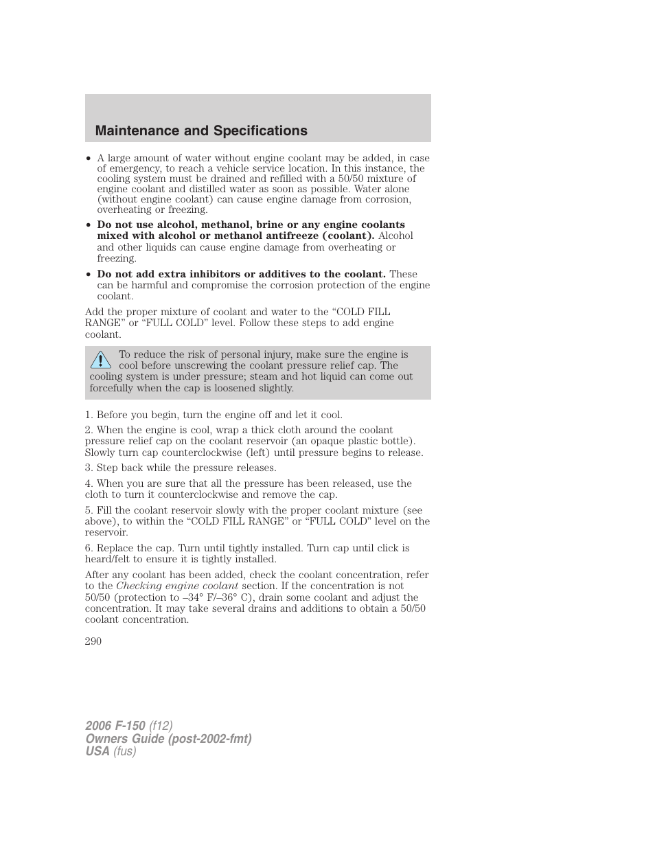 Maintenance and specifications | FORD 2006 F-150 v.2 User Manual | Page 290 / 336