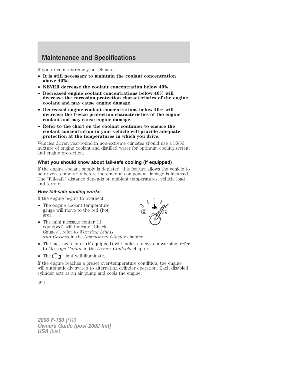 How fail-safe cooling works, Maintenance and specifications | FORD 2006 F-150 v.2 User Manual | Page 292 / 336