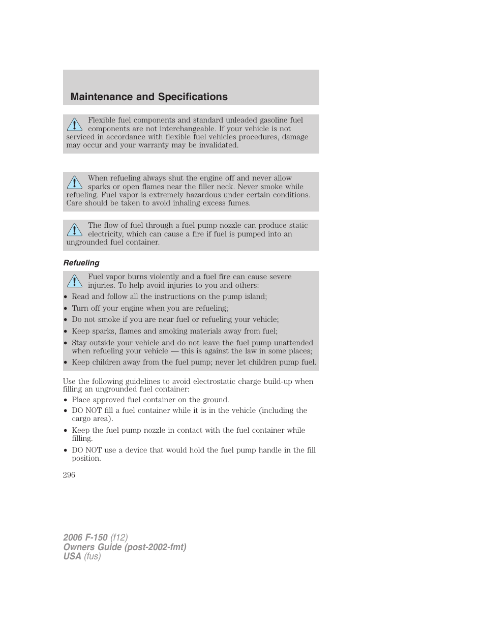 Refueling, Maintenance and specifications | FORD 2006 F-150 v.2 User Manual | Page 296 / 336