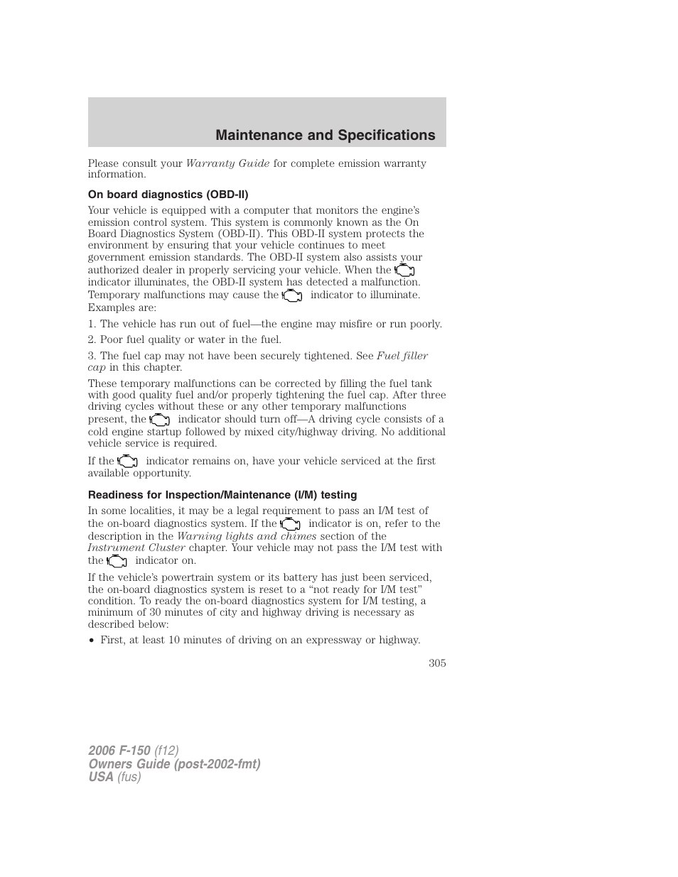 On board diagnostics (obd-ii), Readiness for inspection/maintenance (i/m) testing, Maintenance and specifications | FORD 2006 F-150 v.2 User Manual | Page 305 / 336