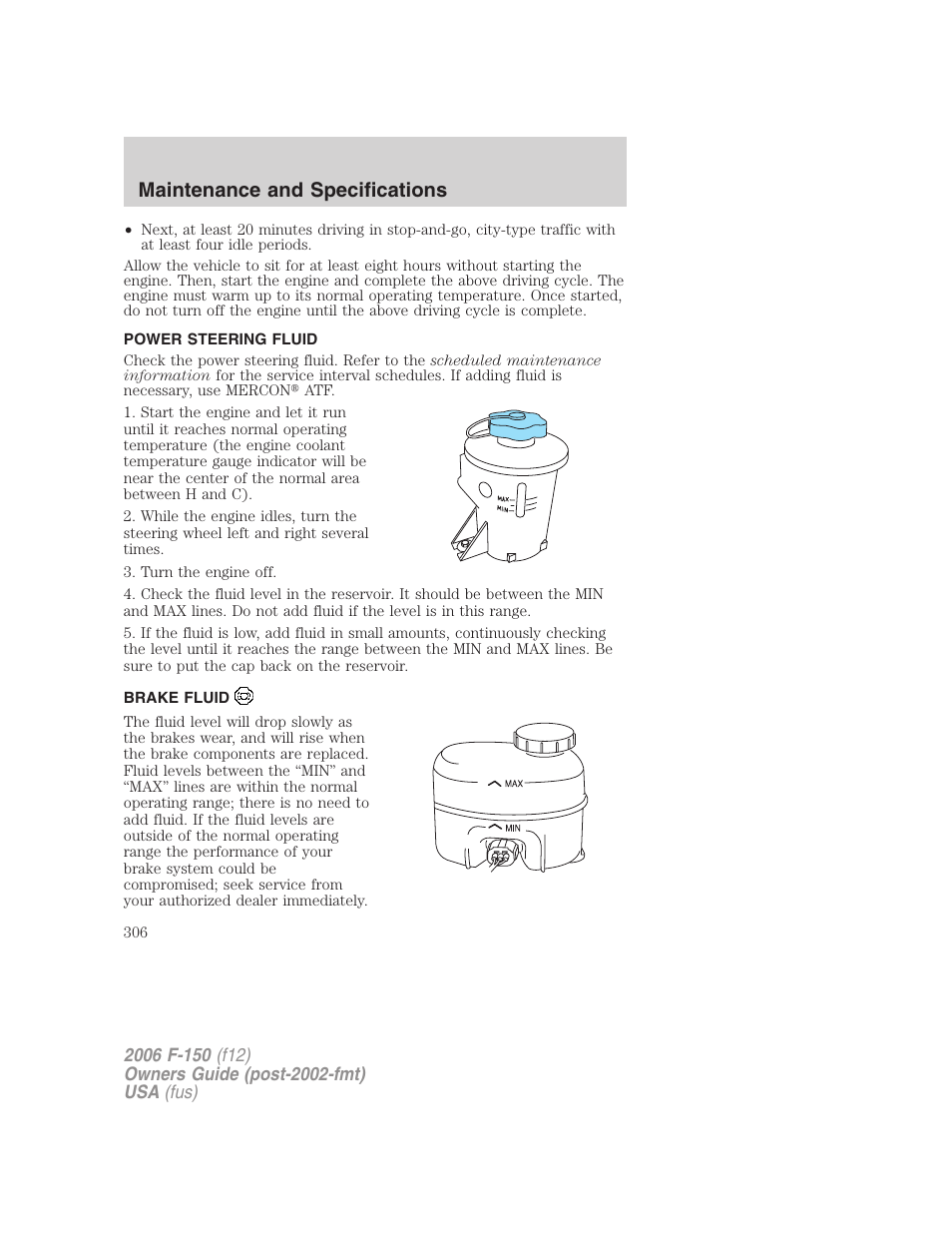 Power steering fluid, Brake fluid, Maintenance and specifications | FORD 2006 F-150 v.2 User Manual | Page 306 / 336