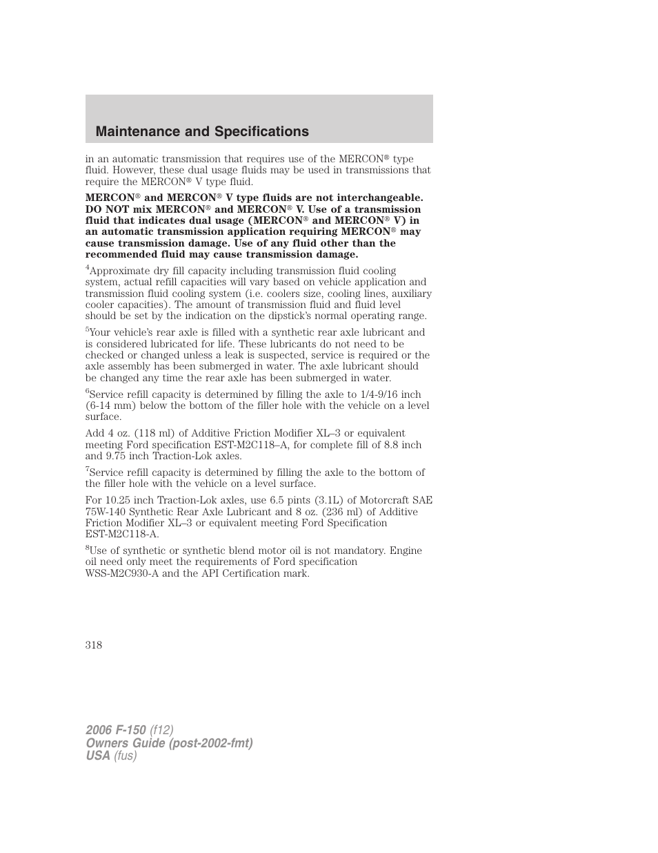 Maintenance and specifications | FORD 2006 F-150 v.2 User Manual | Page 318 / 336
