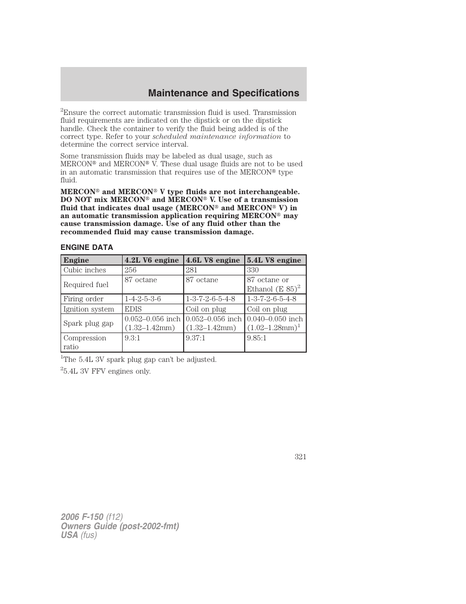 Engine data, Maintenance and specifications | FORD 2006 F-150 v.2 User Manual | Page 321 / 336