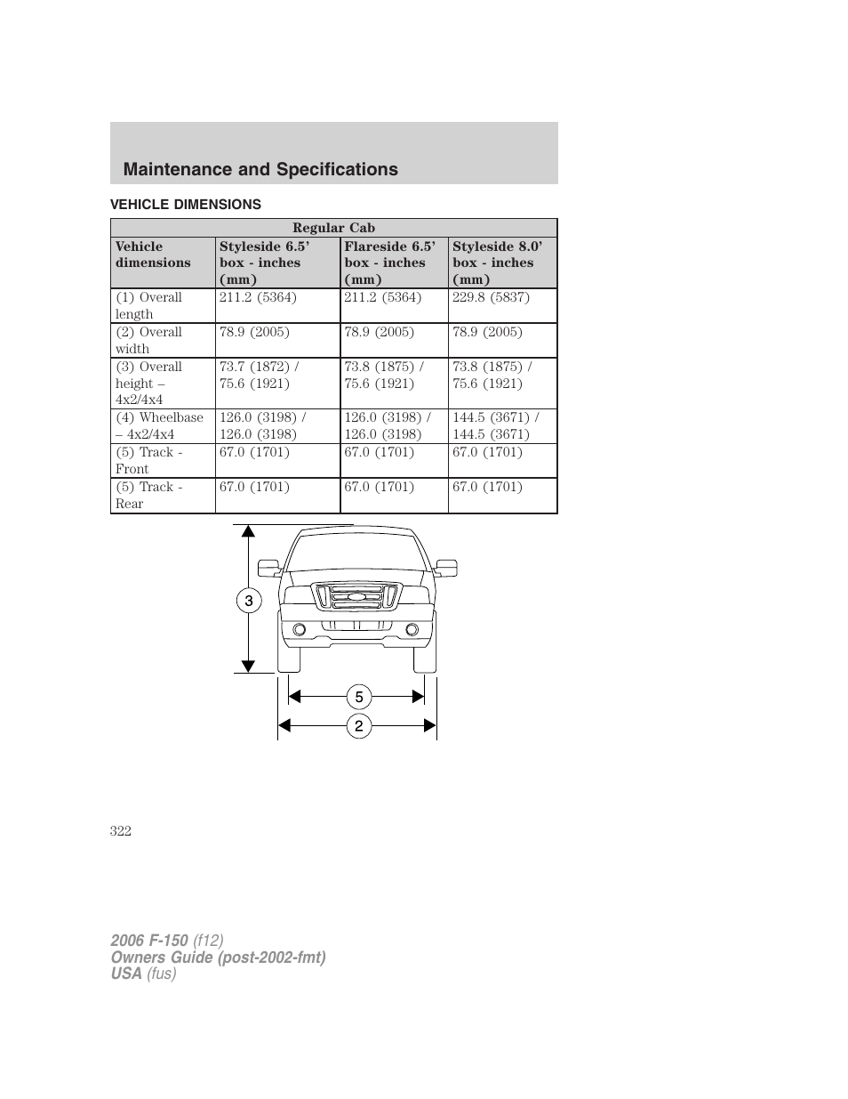 Vehicle dimensions, Maintenance and specifications | FORD 2006 F-150 v.2 User Manual | Page 322 / 336