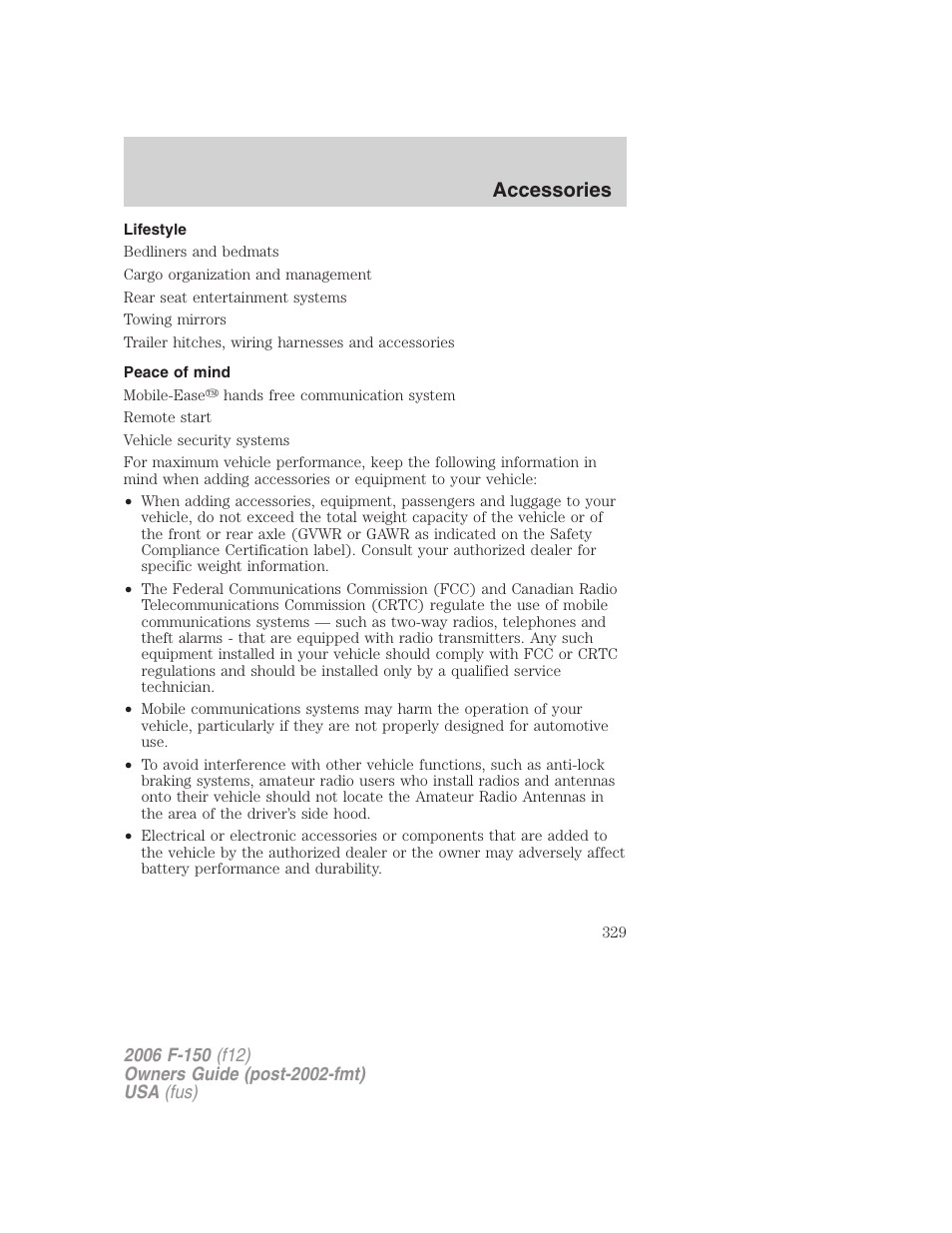 Lifestyle, Peace of mind, Accessories | FORD 2006 F-150 v.2 User Manual | Page 329 / 336