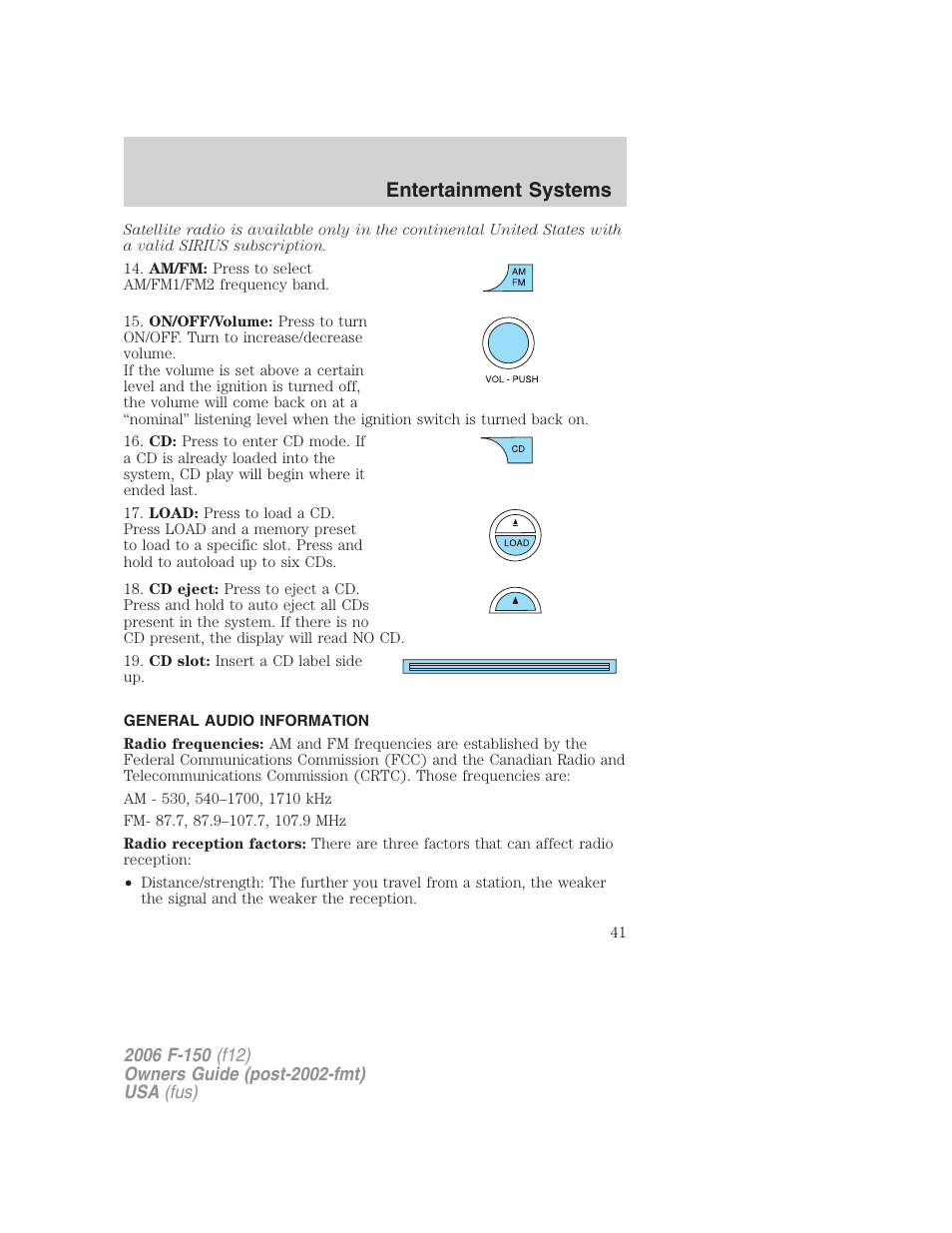 General audio information, Entertainment systems | FORD 2006 F-150 v.2 User Manual | Page 41 / 336
