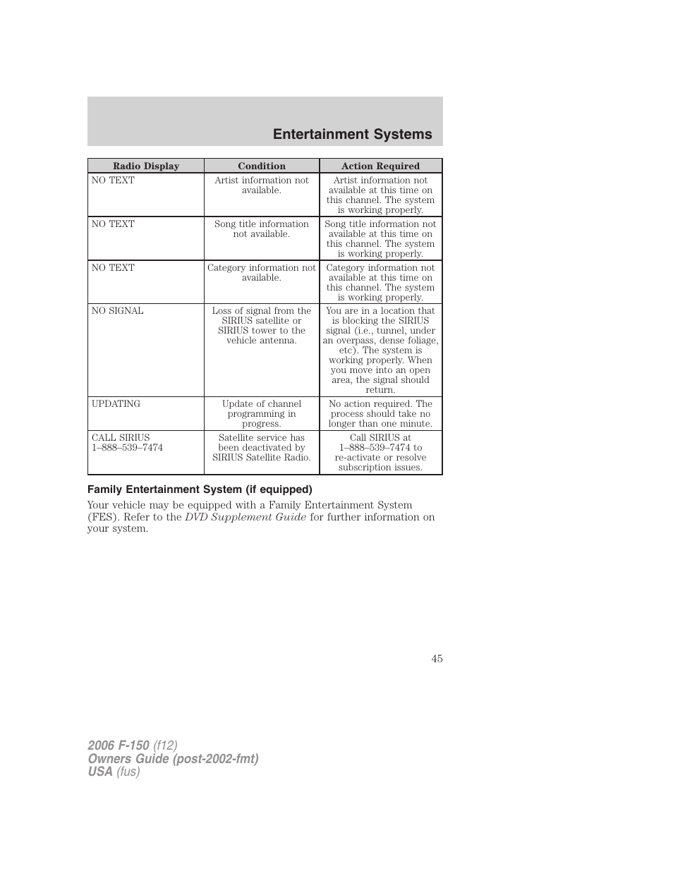 Family entertainment system (if equipped), Entertainment systems | FORD 2006 F-150 v.2 User Manual | Page 45 / 336