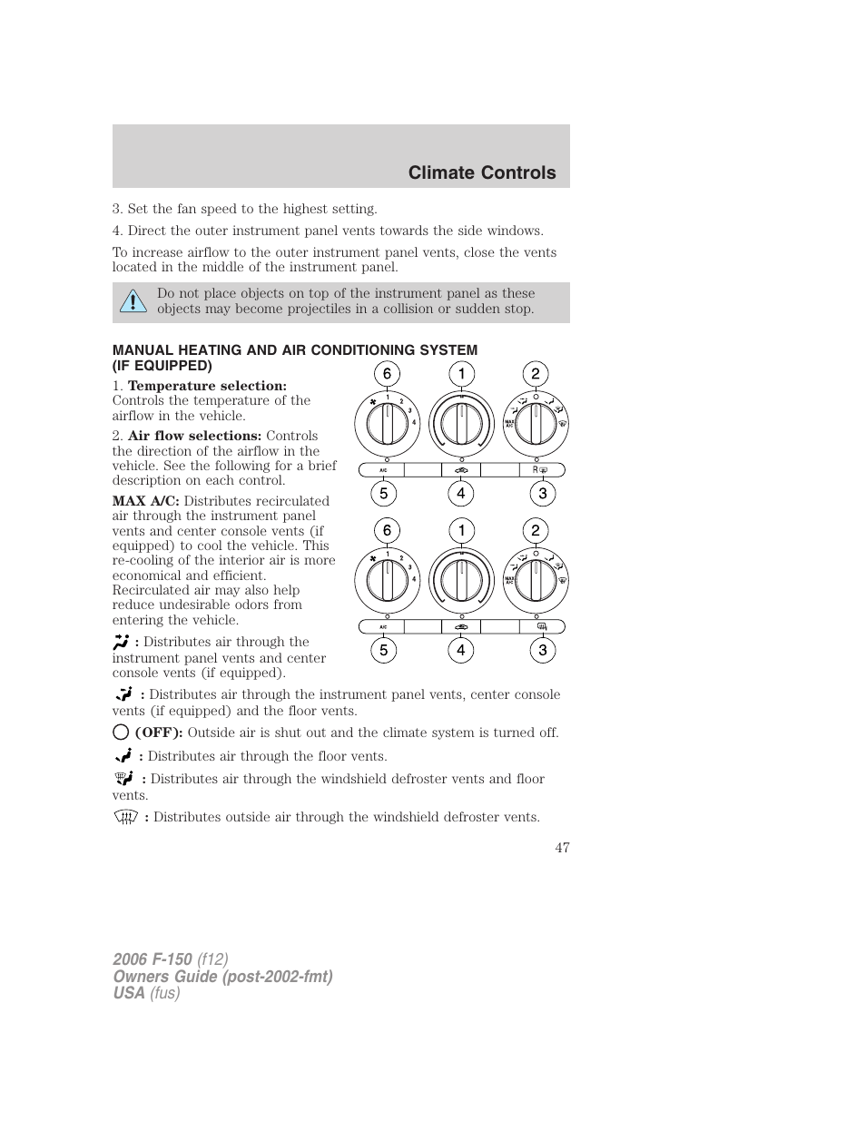 Manual heating and air conditioning, Climate controls | FORD 2006 F-150 v.2 User Manual | Page 47 / 336