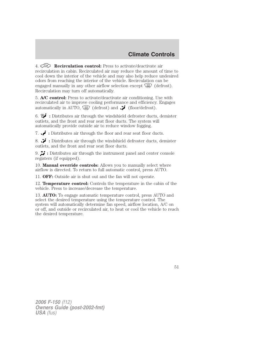 Climate controls | FORD 2006 F-150 v.2 User Manual | Page 51 / 336