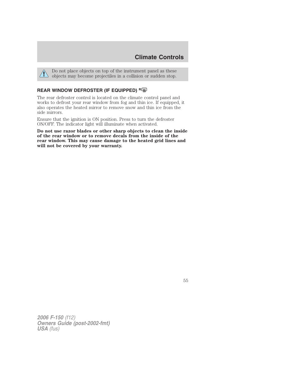 Rear window defroster (if equipped), Rear window defroster, Climate controls | FORD 2006 F-150 v.2 User Manual | Page 55 / 336