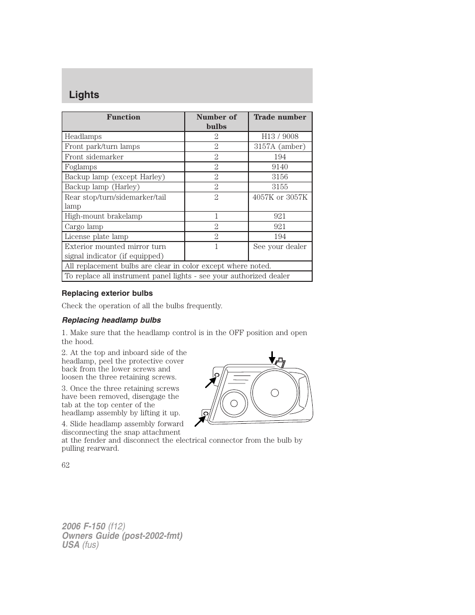 Replacing exterior bulbs, Replacing headlamp bulbs, Lights | FORD 2006 F-150 v.2 User Manual | Page 62 / 336