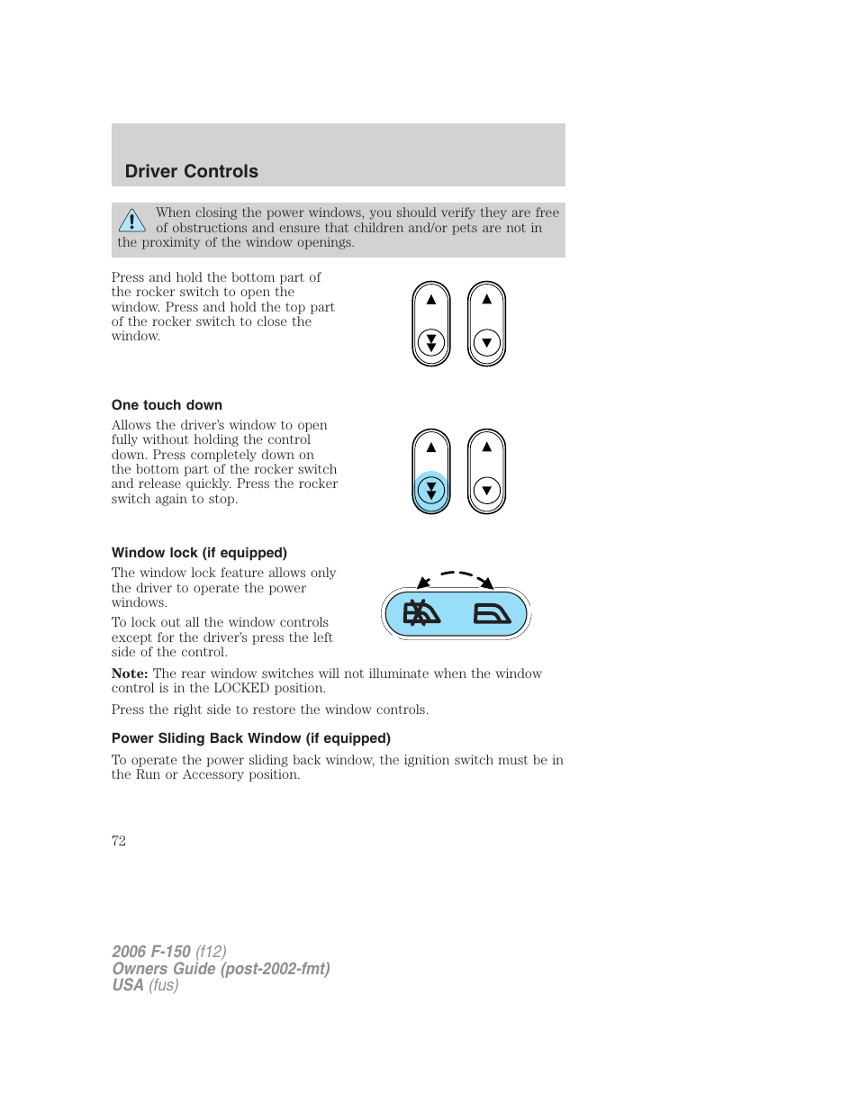 One touch down, Window lock (if equipped), Power sliding back window (if equipped) | Driver controls | FORD 2006 F-150 v.2 User Manual | Page 72 / 336