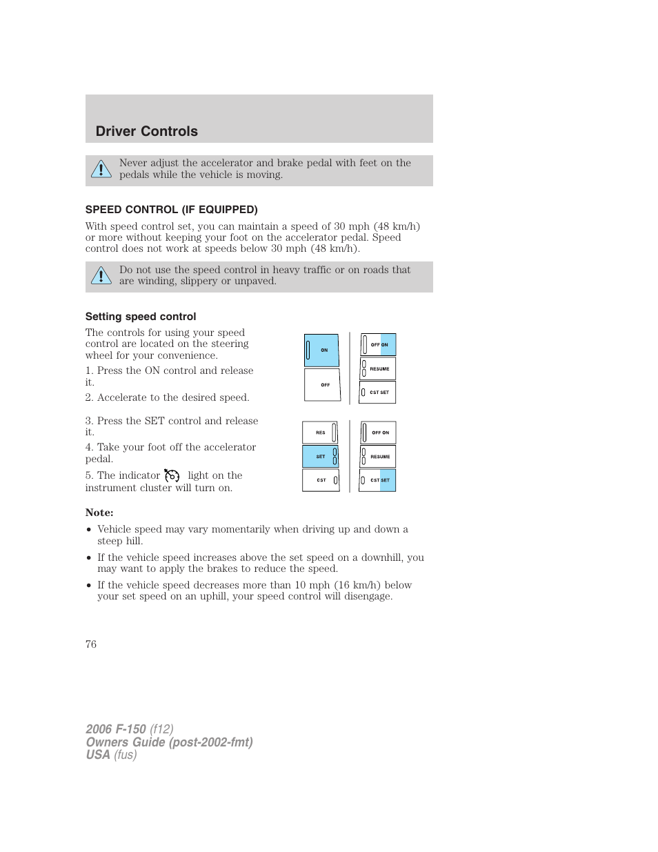 Speed control (if equipped), Setting speed control, Speed control | Driver controls | FORD 2006 F-150 v.2 User Manual | Page 76 / 336