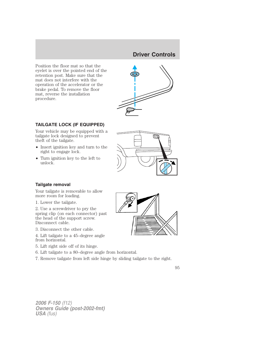 Tailgate lock (if equipped), Tailgate removal, Tailgate | Driver controls | FORD 2006 F-150 v.2 User Manual | Page 95 / 336