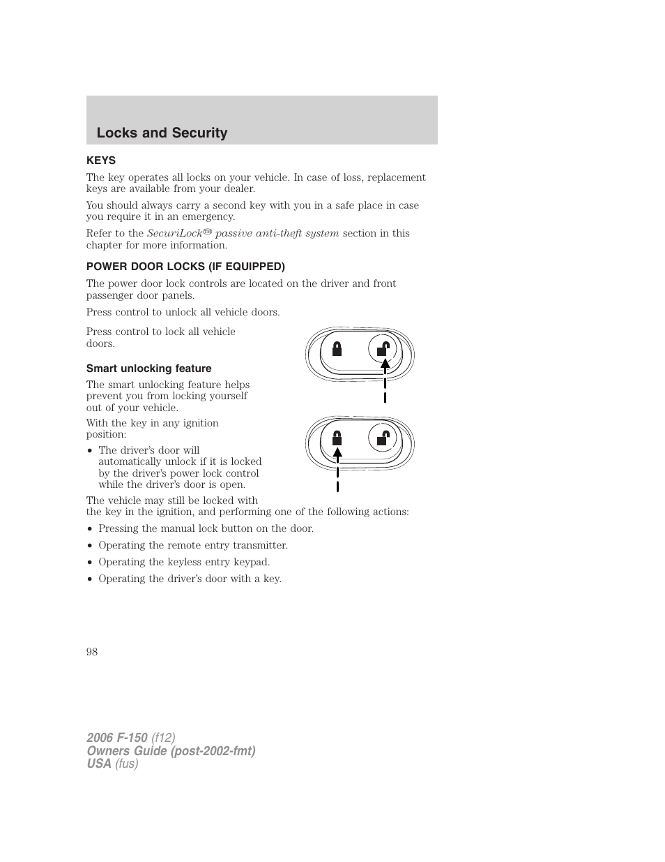 Locks and security, Keys, Power door locks (if equipped) | Smart unlocking feature, Locks | FORD 2006 F-150 v.2 User Manual | Page 98 / 336