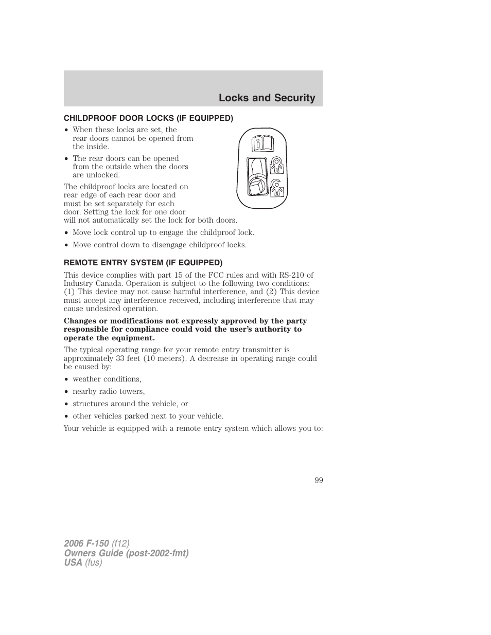 Childproof door locks (if equipped), Remote entry system (if equipped), Locks and security | FORD 2006 F-150 v.2 User Manual | Page 99 / 336