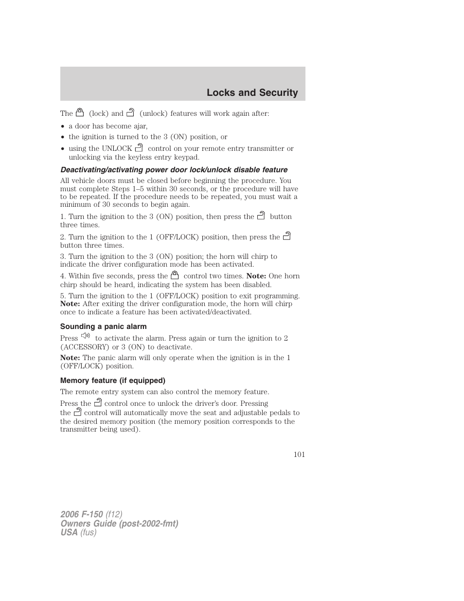 Sounding a panic alarm, Memory feature (if equipped), Locks and security | FORD 2006 F-150 v.3 User Manual | Page 101 / 336