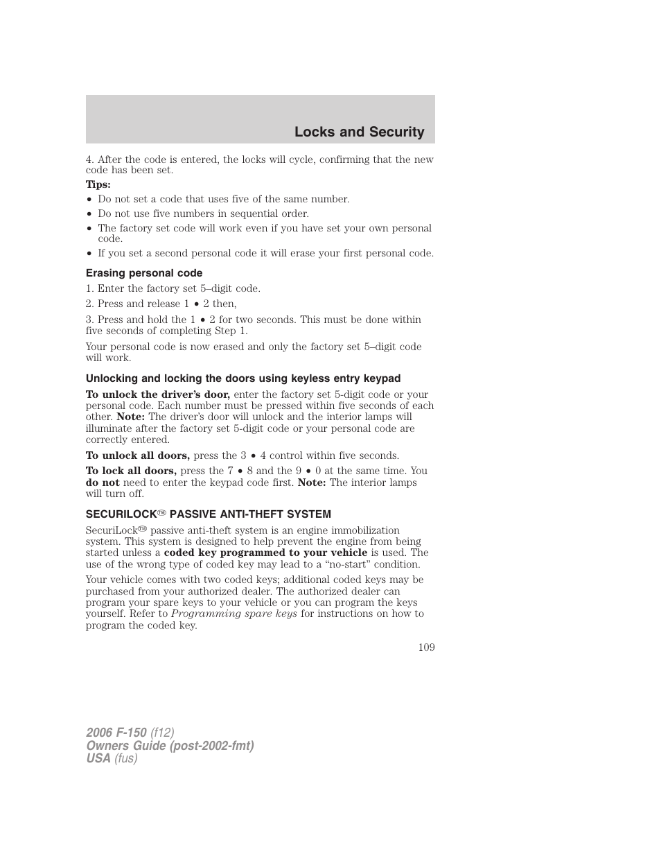 Erasing personal code, Securilock passive anti-theft system, Anti-theft system | Locks and security | FORD 2006 F-150 v.3 User Manual | Page 109 / 336