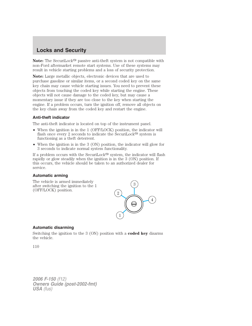 Anti-theft indicator, Automatic arming, Automatic disarming | Locks and security | FORD 2006 F-150 v.3 User Manual | Page 110 / 336