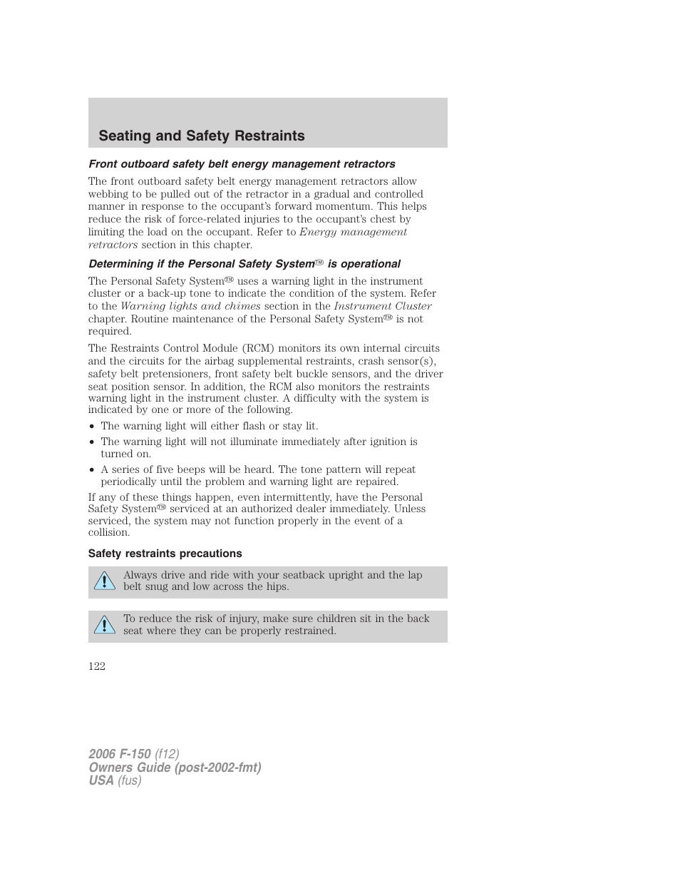 Safety restraints precautions, Seating and safety restraints | FORD 2006 F-150 v.3 User Manual | Page 122 / 336