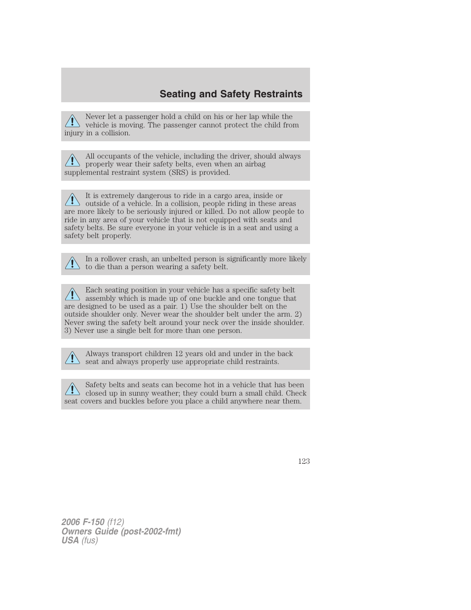 Seating and safety restraints | FORD 2006 F-150 v.3 User Manual | Page 123 / 336