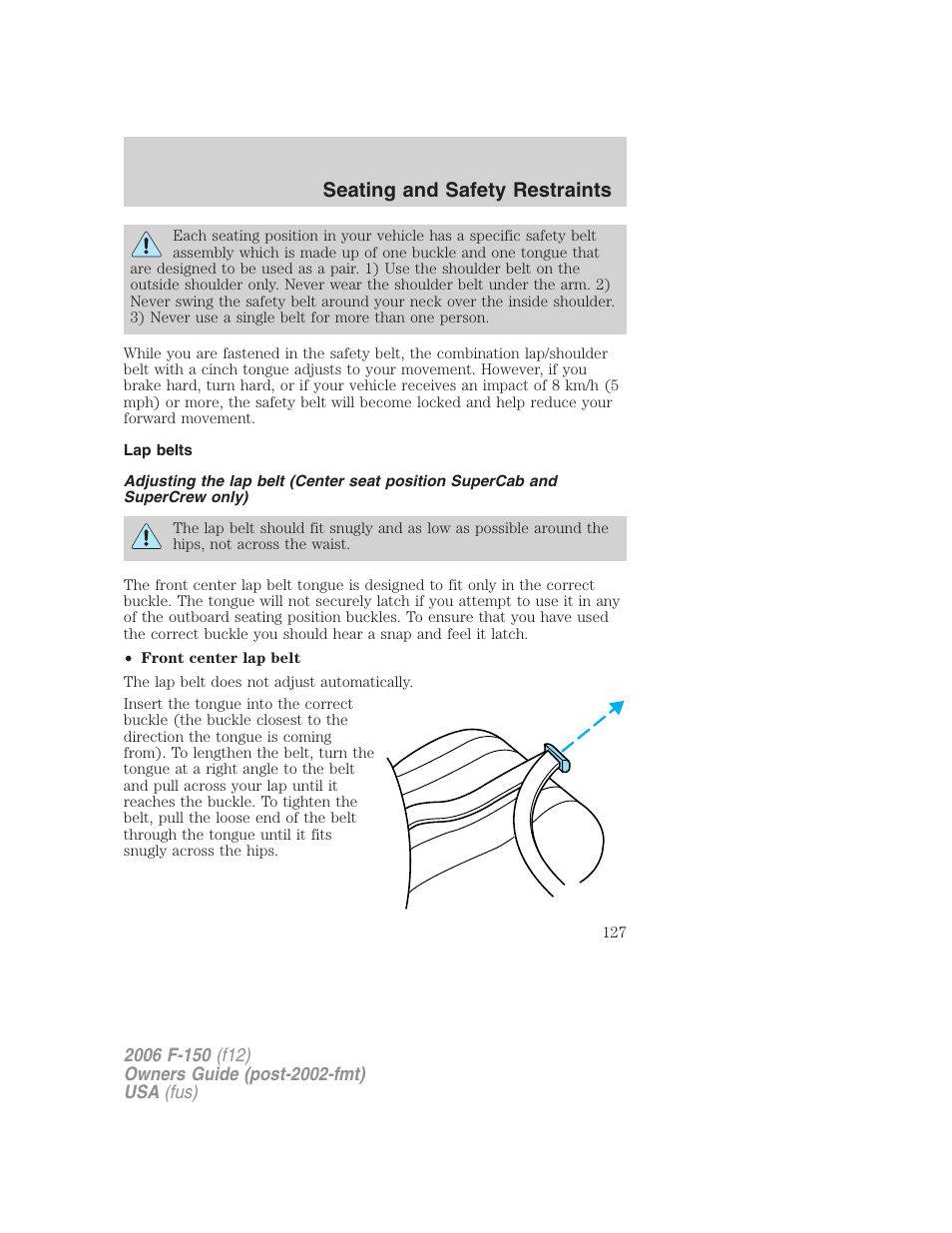 Lap belts, Seating and safety restraints | FORD 2006 F-150 v.3 User Manual | Page 127 / 336