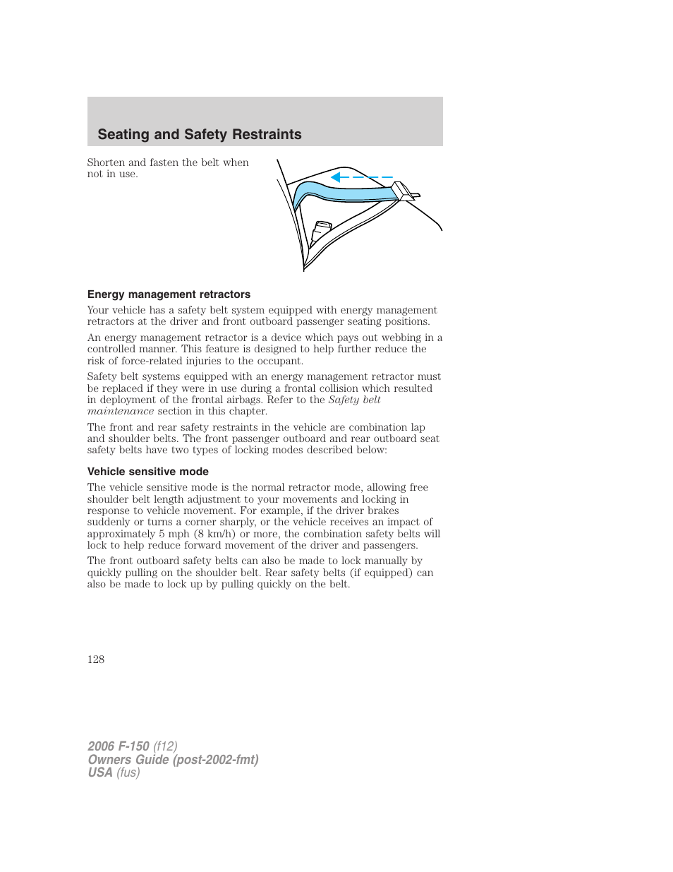 Energy management retractors, Vehicle sensitive mode, Seating and safety restraints | FORD 2006 F-150 v.3 User Manual | Page 128 / 336