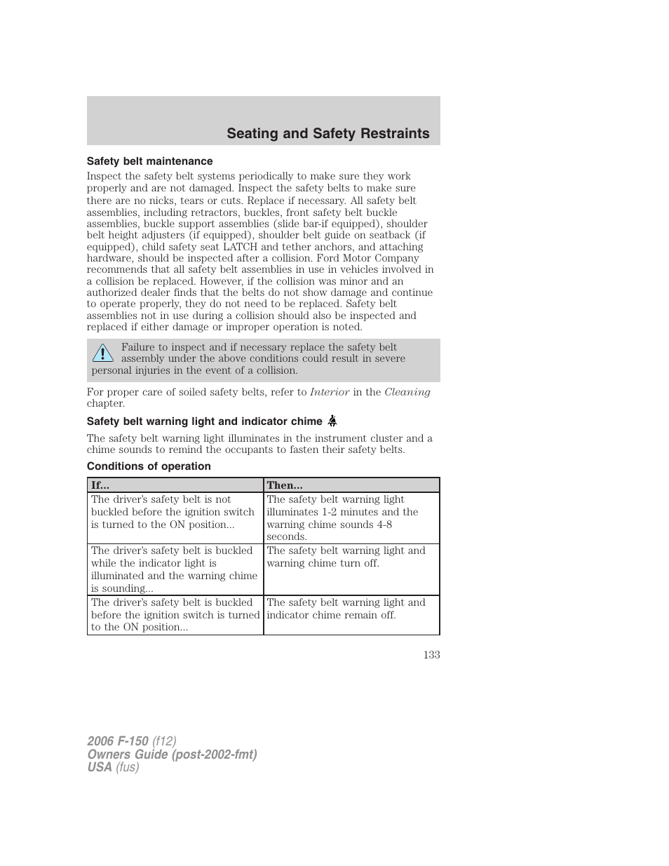 Safety belt maintenance, Safety belt warning light and indicator chime, Conditions of operation | Seating and safety restraints | FORD 2006 F-150 v.3 User Manual | Page 133 / 336