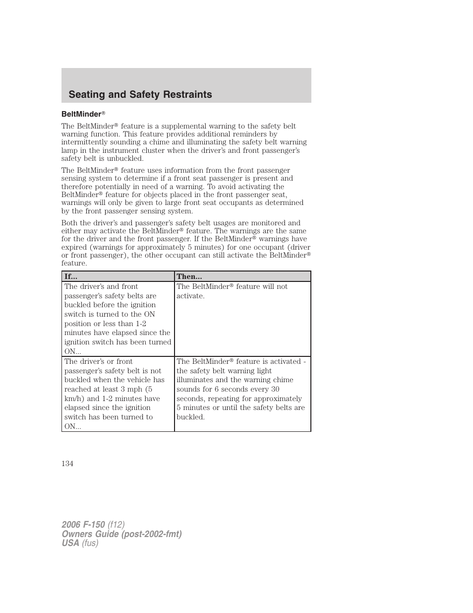 Beltminder, Seating and safety restraints | FORD 2006 F-150 v.3 User Manual | Page 134 / 336