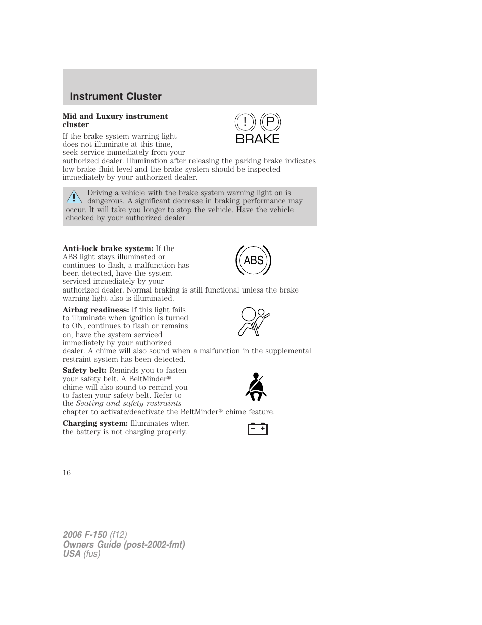 P! brake abs | FORD 2006 F-150 v.3 User Manual | Page 16 / 336