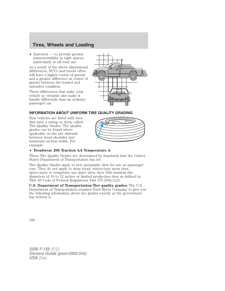 Information about uniform tire quality grading, Tire information, Tires, wheels and loading | FORD 2006 F-150 v.3 User Manual | Page 166 / 336