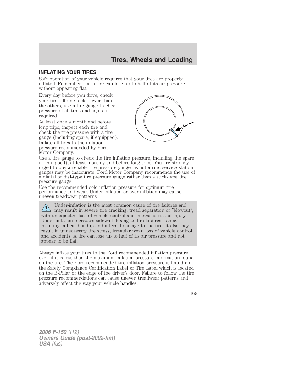 Inflating your tires, Tire inflation, Tires, wheels and loading | FORD 2006 F-150 v.3 User Manual | Page 169 / 336