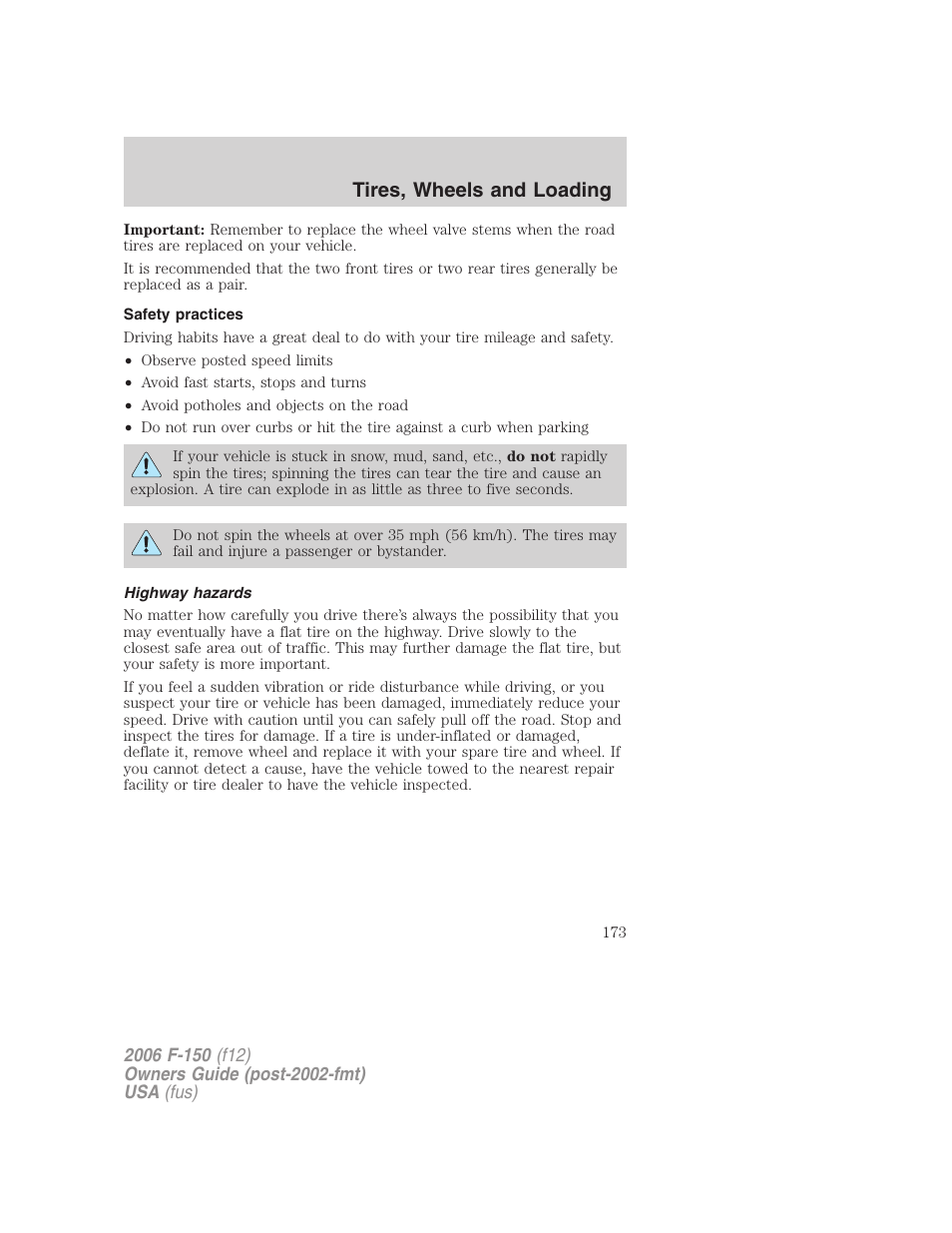 Safety practices, Highway hazards, Tires, wheels and loading | FORD 2006 F-150 v.3 User Manual | Page 173 / 336
