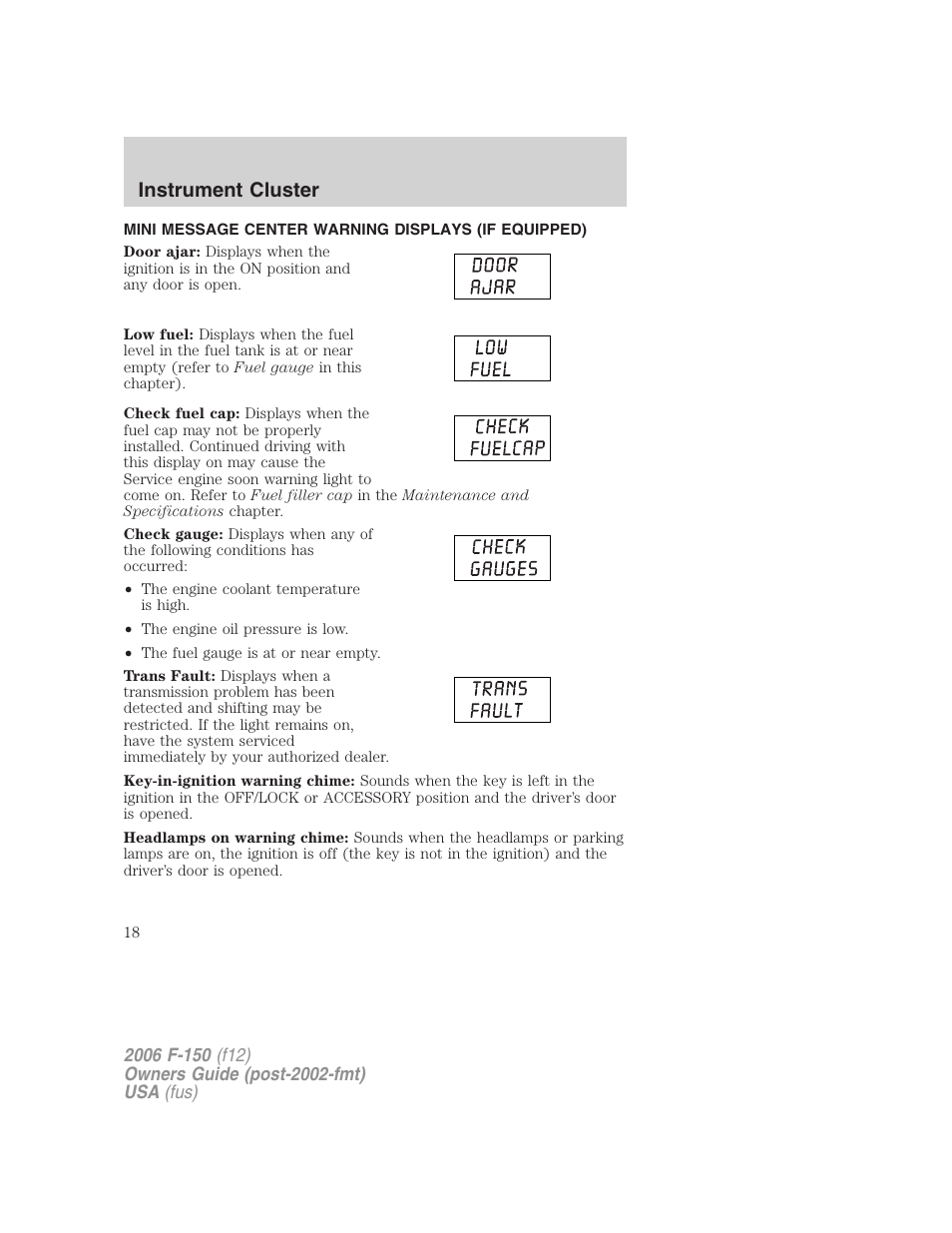 Mini message center warning displays (if equipped), Instrument cluster | FORD 2006 F-150 v.3 User Manual | Page 18 / 336