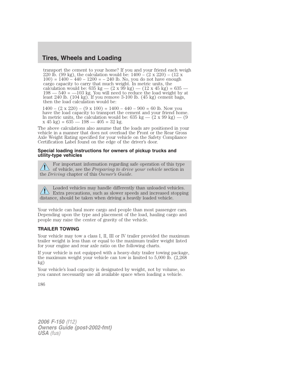 Trailer towing, Tires, wheels and loading | FORD 2006 F-150 v.3 User Manual | Page 186 / 336